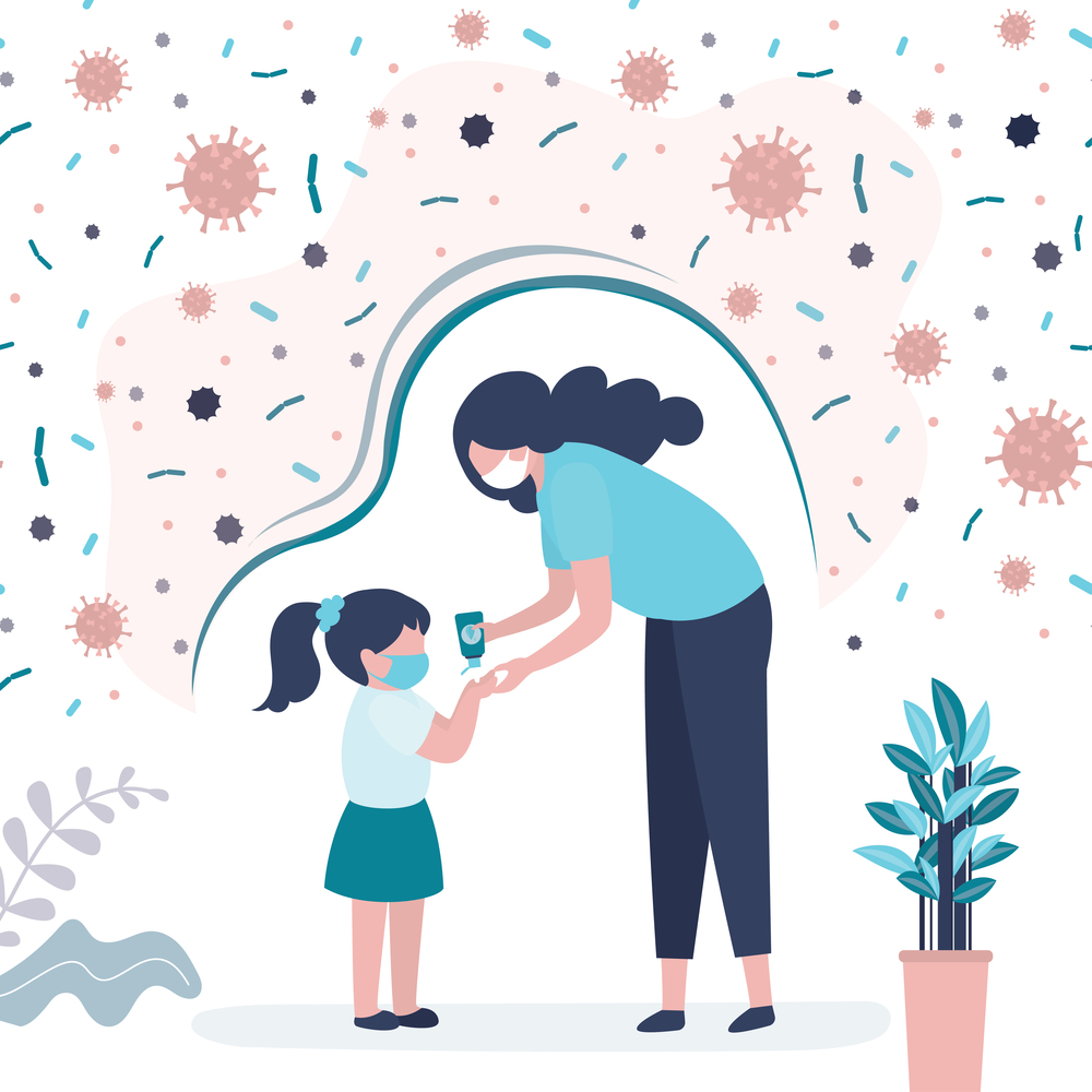 Mother in mask treats girl&rsquo;s hands with antiseptic. Mom and daughter follow rules of personal hygiene. Protection against viruses and bacteria during coronavirus epidemic. Flat vector illustration