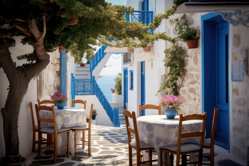 Greek culture with traditional white and blue greek architecture, taverna. Generative AI. Greek culture with traditional white and blue greek architecture, taverna
