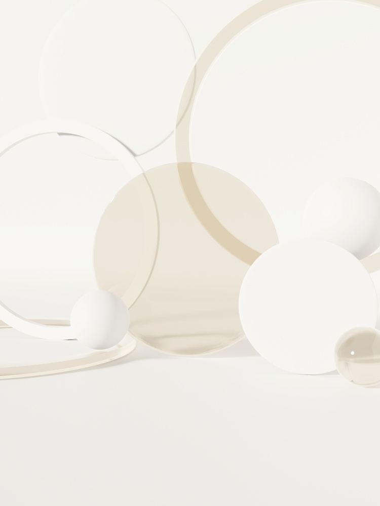 3D Rendering Sunlight and Semi Transparent Circle Plates or Spheres Product Display Background for Skincare or Healthcare Products. Simple Matte White and Beige
