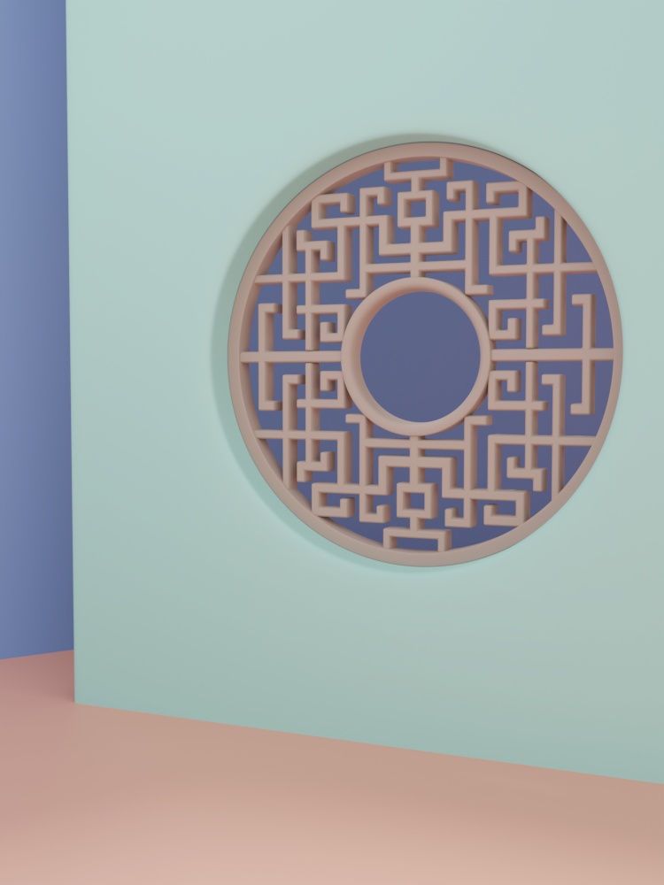 3D Rendering Asian, Chinese, Japanese or Korean Style Product Display Background. Pastel Colors Round Wooden Window Frame and Paper Cutting Props for Festive Food, Beverage and Beauty Products.