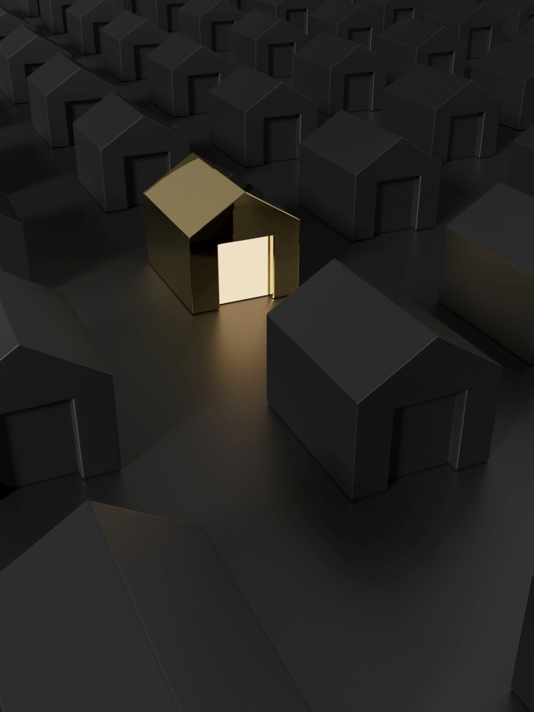 3D Rendering Studio Shot Miniature or Jigsaw Blocks Houses Background for Card, Poster or Web Banner. Black and Gold.