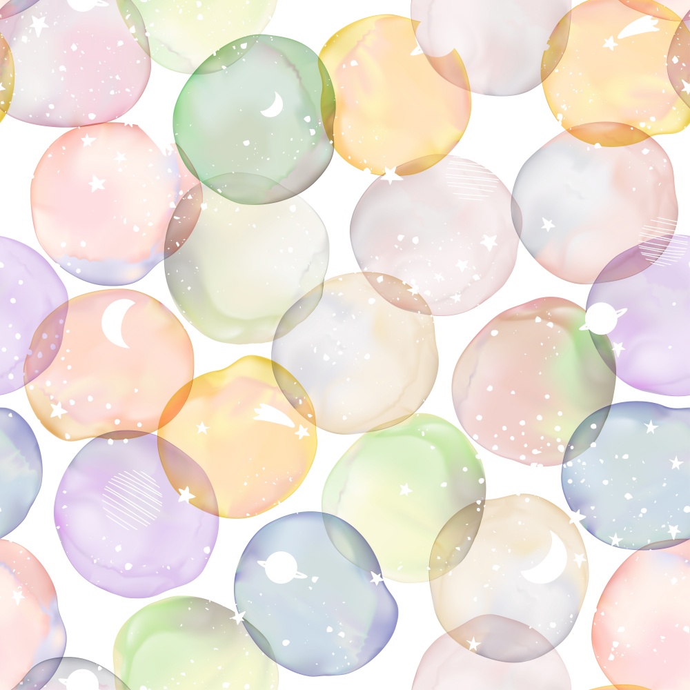 Vector Gradient Mesh Watercolor Drawing Multi Colors Overlapping Seamless Pattern with White Space and Galaxy Pattern.