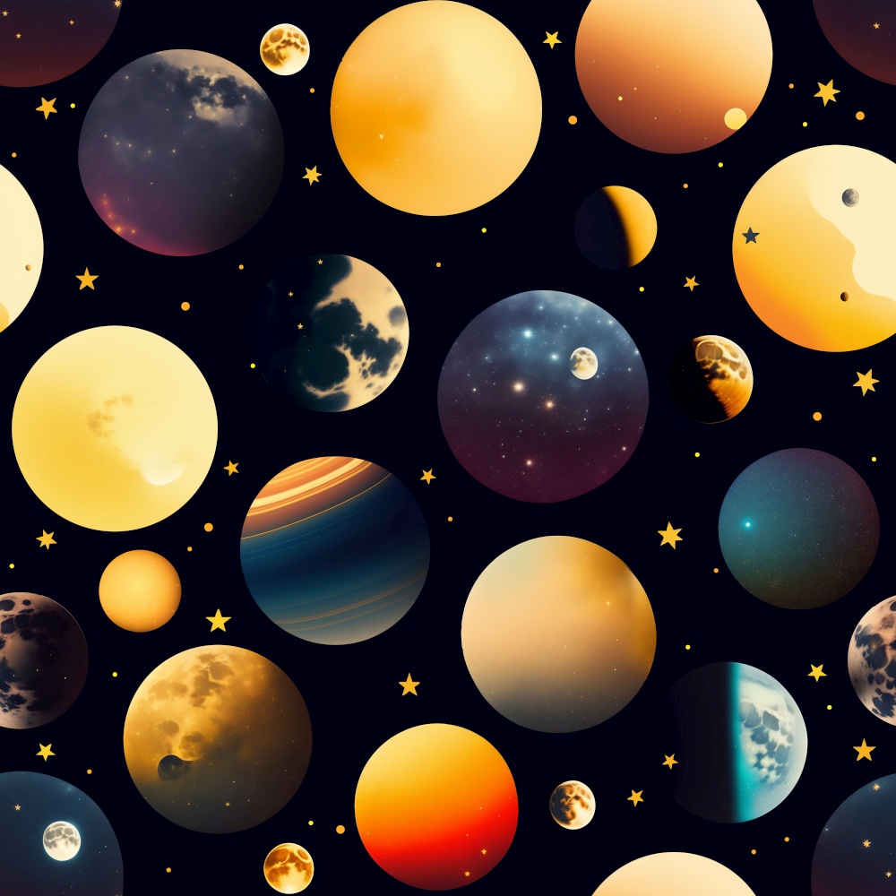 Outer Space Planets and Stars Seamless Surface Pattern for Textile and Wrapping Paper Prints.