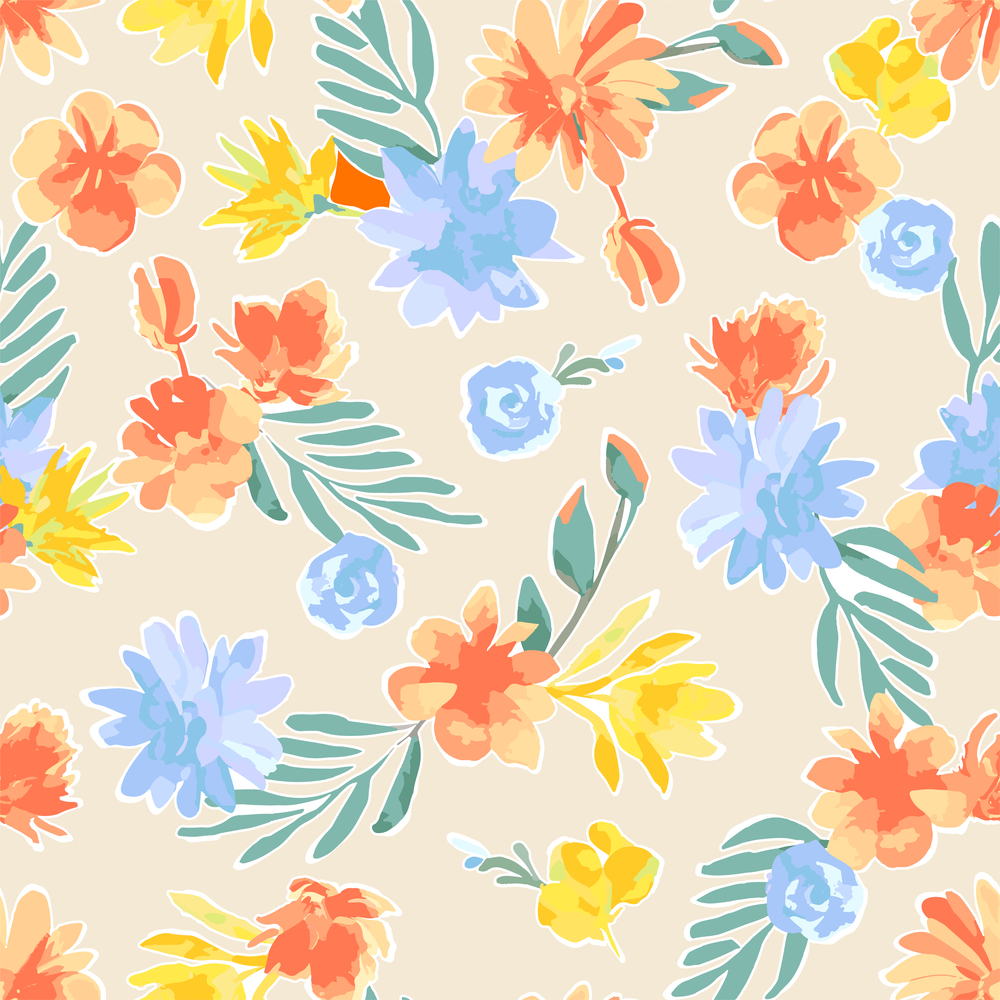 Vector Retro Vintage Festive Abstract Spring or Summer Floral Seamless Surface Pattern for Products, Fabric or Wrapping Paper Prints.