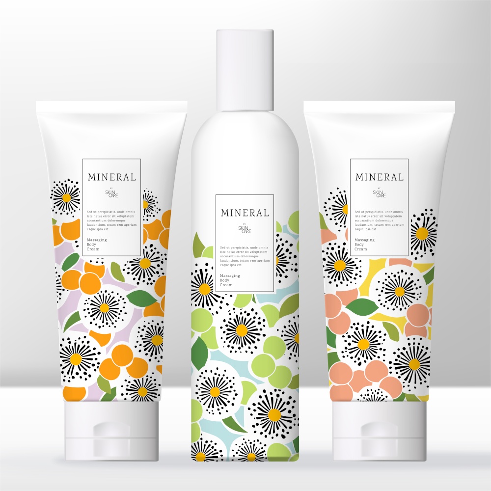 Vector Beauty or Skincare Transparent Cream, Shampoo, Gel or Cream Bottle and Tube Bundle with Floral Pattern Print.