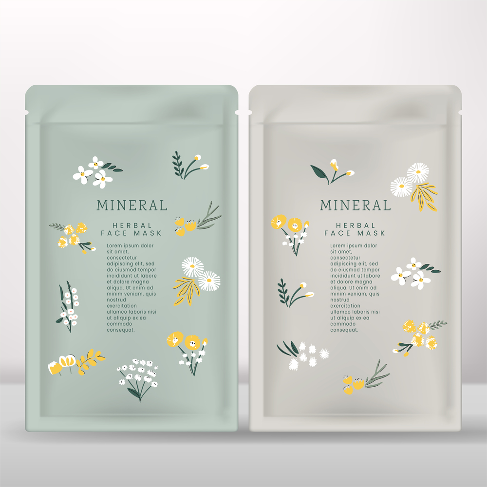 Vector Facial Mask Foil Bag or Packet with Hand Drawn Floral or Herbal Print Pattern.