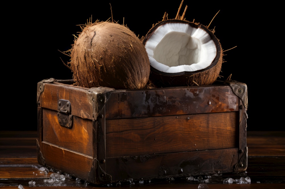 Organic coconut in a wooden box. Generative AI