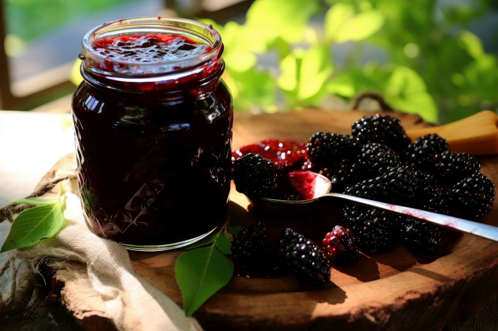 Blackberry jam with fresh fruit. Generative AI