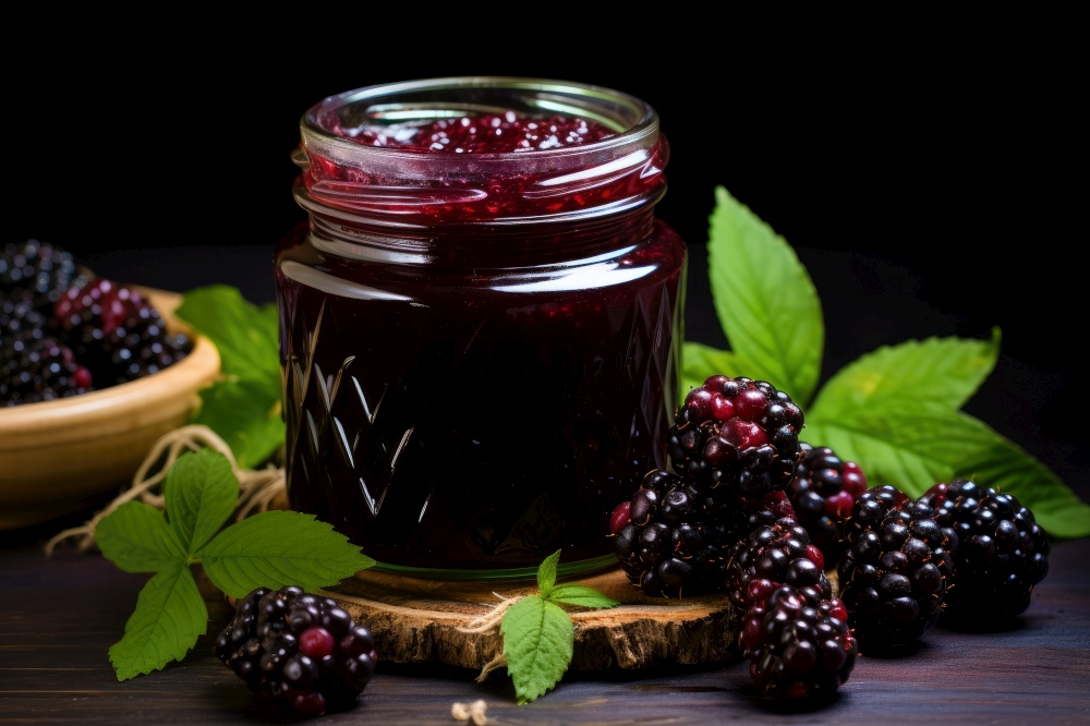 Blackberry jam with fresh fruit. Generative AI