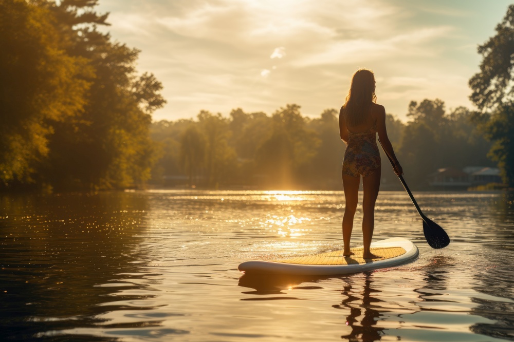 Girl engages in stand-up paddleboarding on a serene varnish