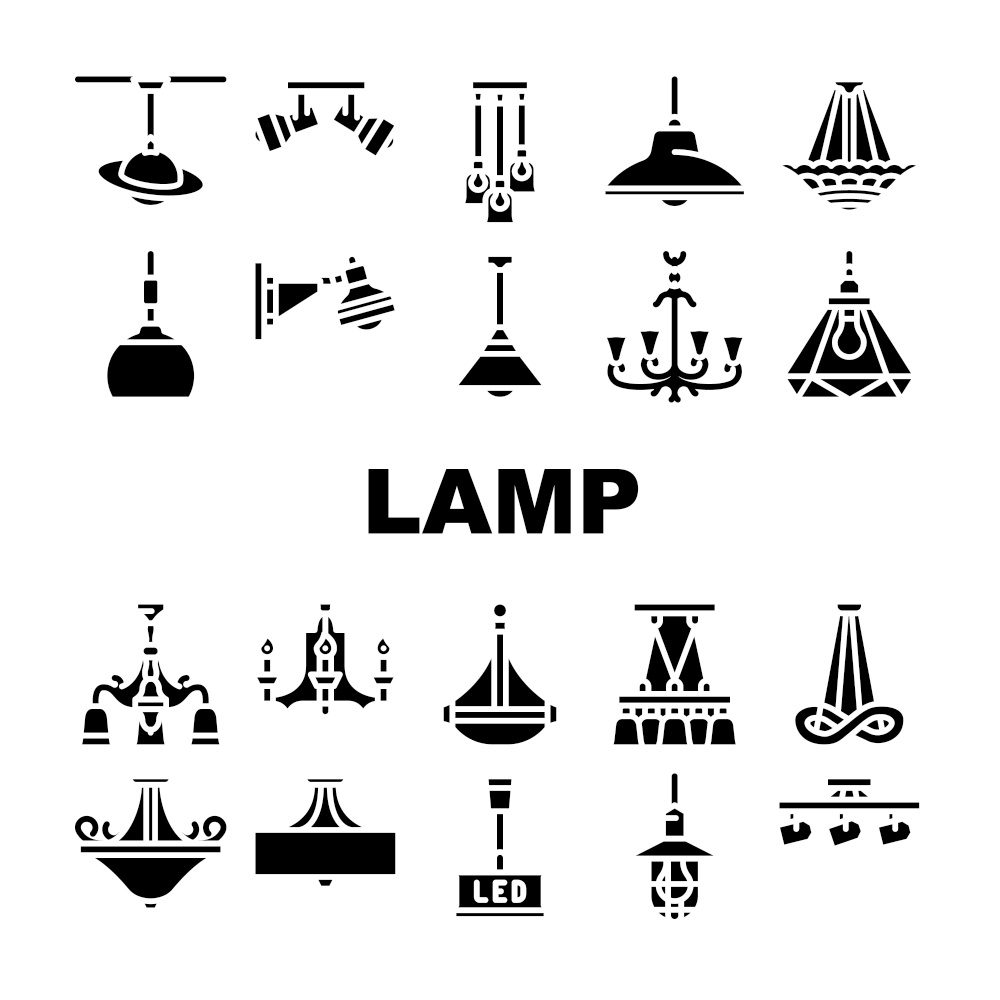 lamp ceiling light interior home icons set vector. room bulb, decor chandelier, wall electric, bright decoration, metal style lamp ceiling light interior home glyph pictogram Illustrations. lamp ceiling light interior home icons set vector