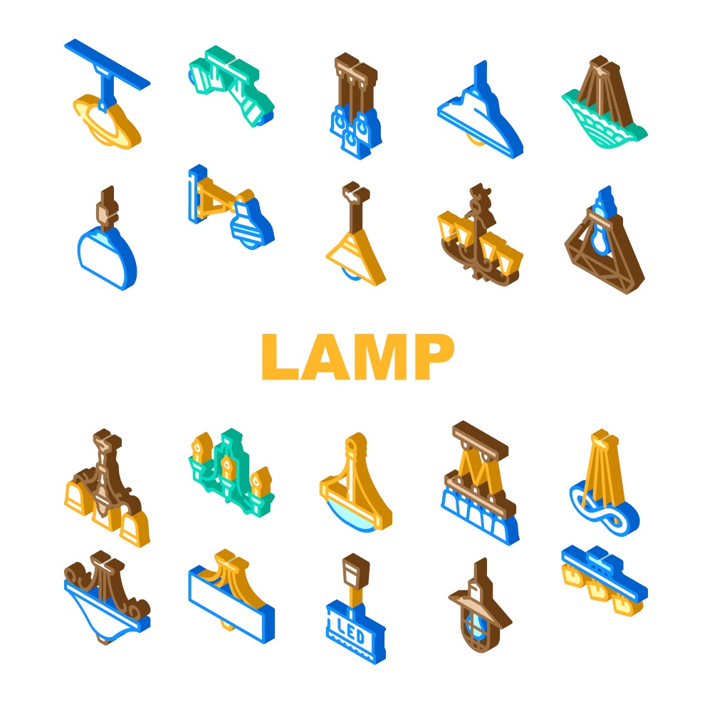 lamp ceiling light interior home icons set vector. room bulb, decor chandelier, wall electric, bright decoration, metal style lamp ceiling light interior home isometric sign illustrations. lamp ceiling light interior home icons set vector