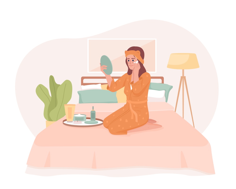 Applying face lotion in bed 2D vector isolated illustration. Young woman caring about skin before sleep flat character on cartoon background. Colorful editable scene for mobile, website, presentation. Applying face lotion in bed 2D vector isolated illustration