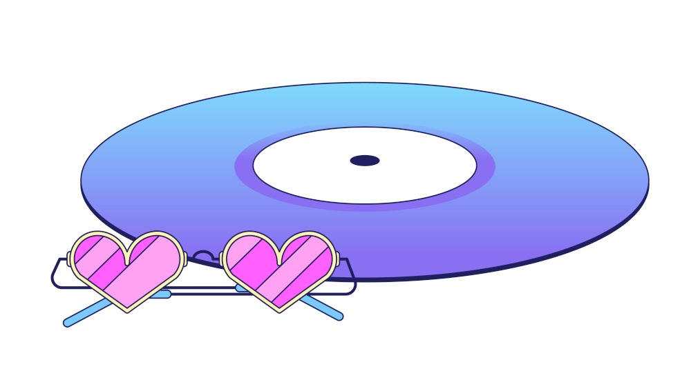 Compact disc with heart shaped glasses flat vector cartoon icon. Vinyl music with sunglasses. Editorial, magazine spot illustration. Colorful object isolated on white. Editable 2D simple drawing. Compact disc with heart shaped glasses flat vector cartoon icon