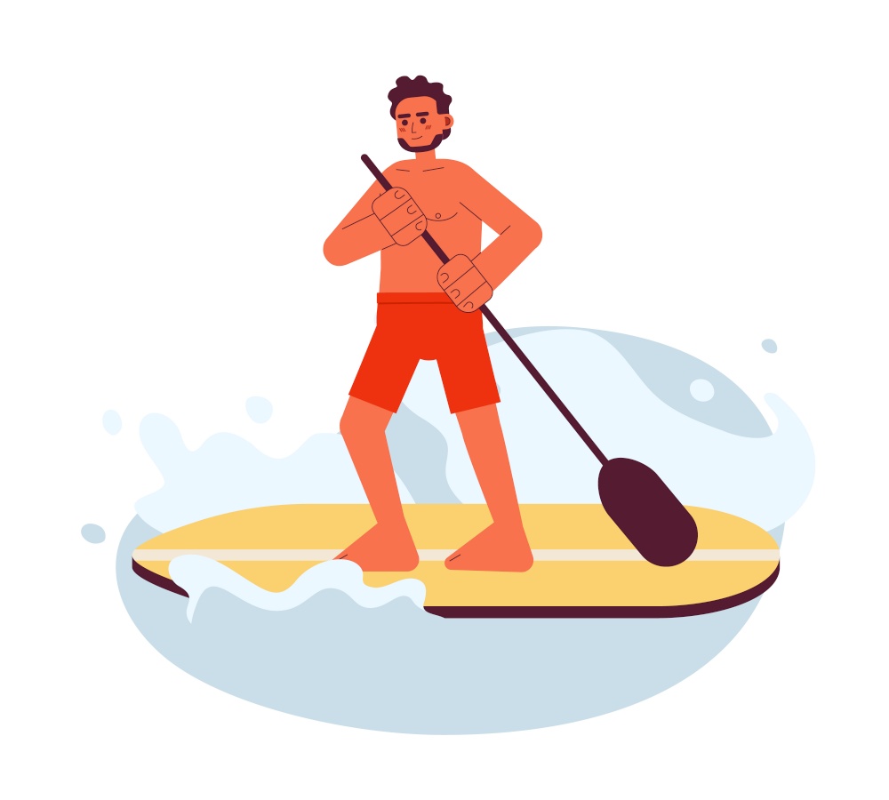 Indian man paddleboarding on lake flat vector spot illustration. Guy in swimwear standing up paddle board 2D cartoon character on white for web UI design. Sport isolated editable creative hero image. Indian man paddleboarding on lake flat vector spot illustration