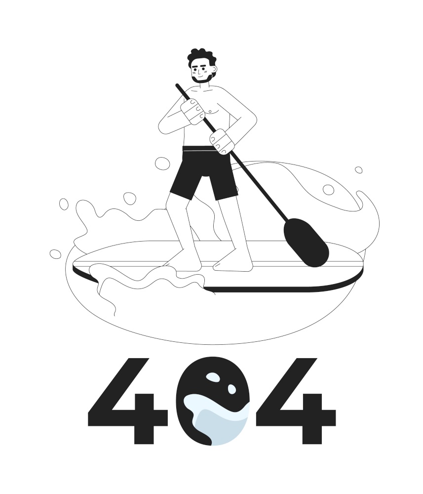 Indian man paddleboarding on lake black white error 404 flash message. Paddle board. Monochrome empty state ui design. Page not found popup cartoon image. Vector flat outline illustration concept. Indian man paddleboarding on lake black white error 404 flash message