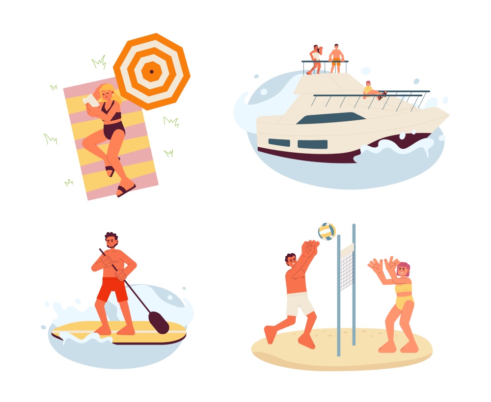 Enjoy summer break flat vector spot illustration set. 2D cartoon characters on white for web UI design. Volleyball sand. Reading book beach. Yacht party isolated editable creative hero image pack. Enjoy summer break flat vector spot illustration set