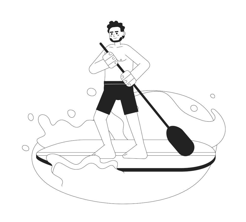 Indian man paddleboarding on lake monochrome vector spot illustration. Guy in swimwear standing up paddle board 2D flat bw cartoon character for web UI design. Isolated editable hand drawn hero image. Indian man paddleboarding on lake monochrome vector spot illustration