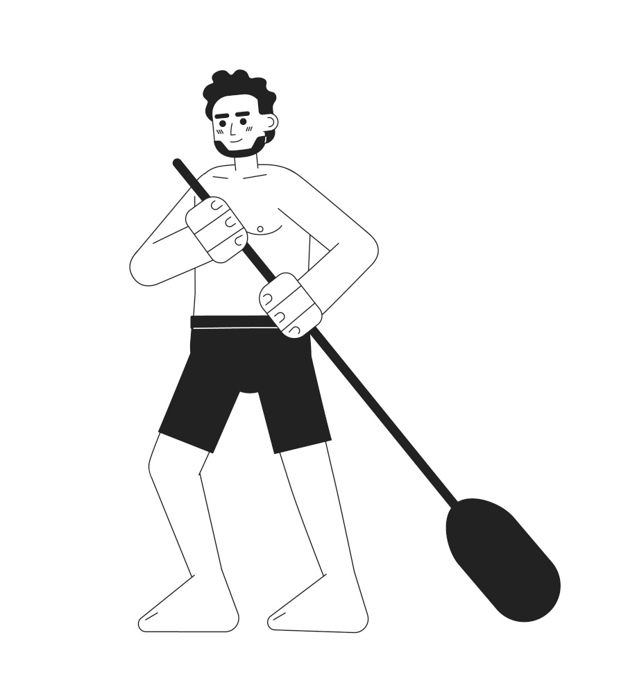Swimwear man holding paddle monochromatic flat vector character. Physical activity. Paddleboarding. Editable thin line full body person on white. Simple bw cartoon spot image for web graphic design. Swimwear man holding paddle monochromatic flat vector character