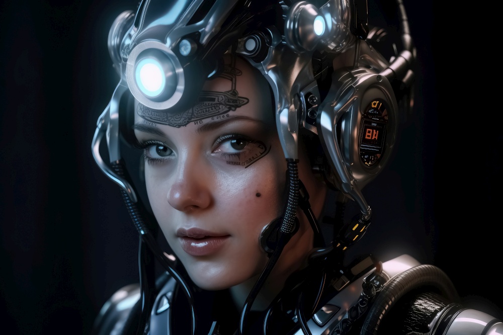 Portrait of a female cyborg created with generative AI technology