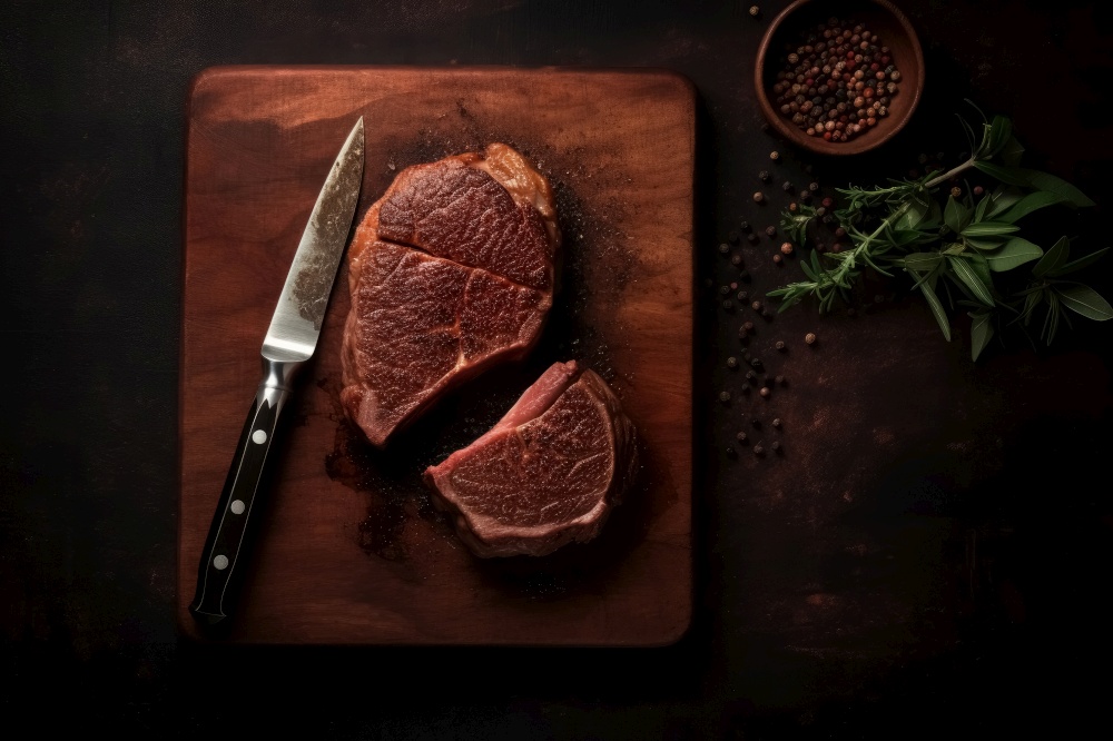 A top view on a delicious steak and a sharp knife with copy space created with generative AI technology