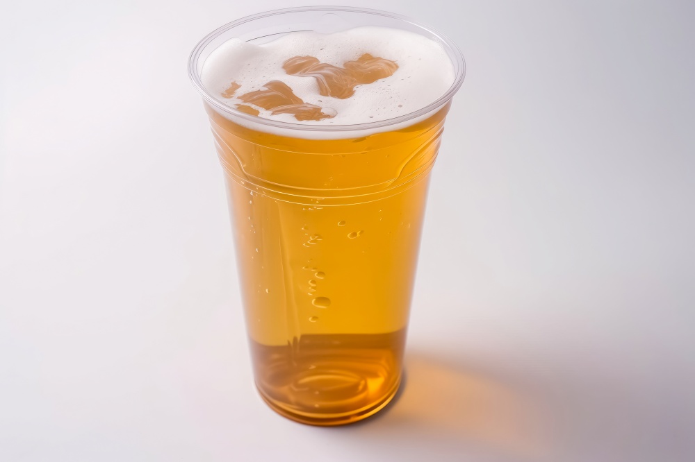 Glass of beer in a plastic tumbler on a white background created with generative AI technology