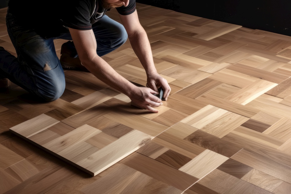 A craftsman laying parquet flooring created with generative AI technology