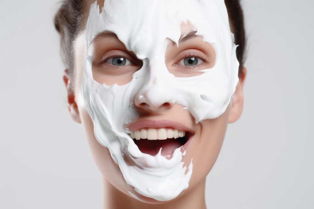 Female Yogurt face on white background created with generative AI technology