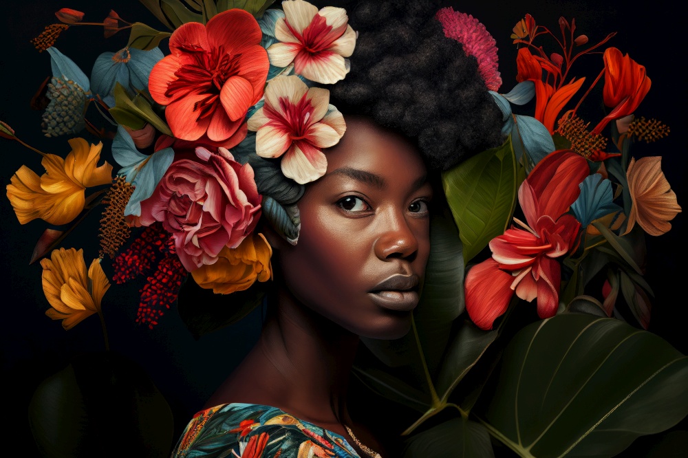 Portrait of African woman with tropical flowers. Ai generated.
