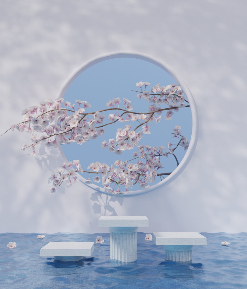 Abstract roman column product display platform with cherry blossom flower on water wave surface and natural shadow from sunlight 3D rendering illustration