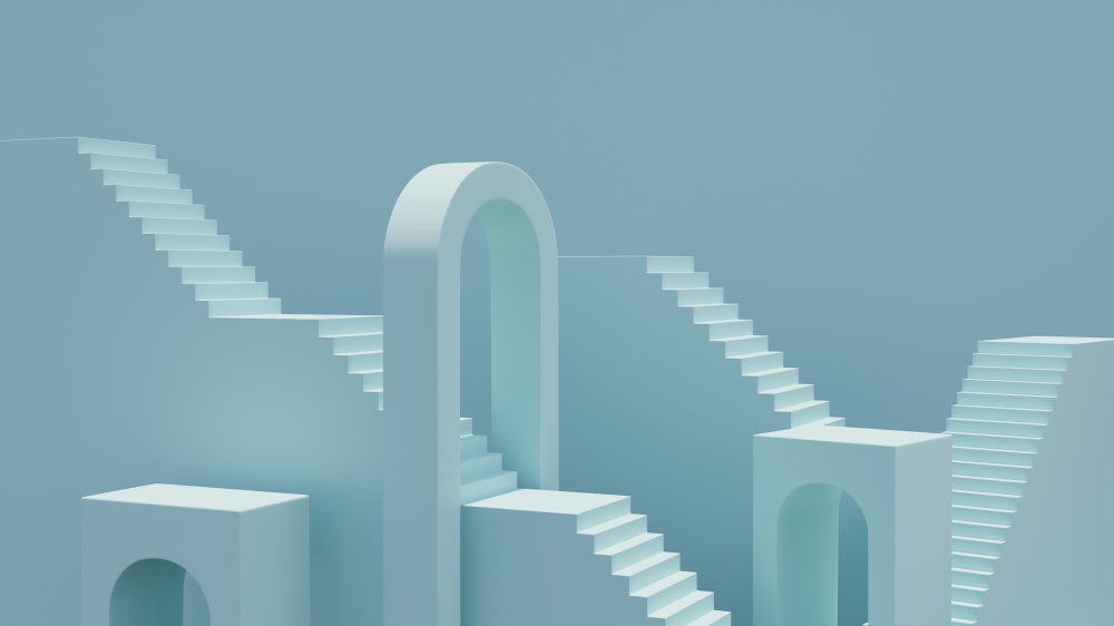 Simple abstract product display podium platform with light blue stairs and arch architecture 3D rendering illustration