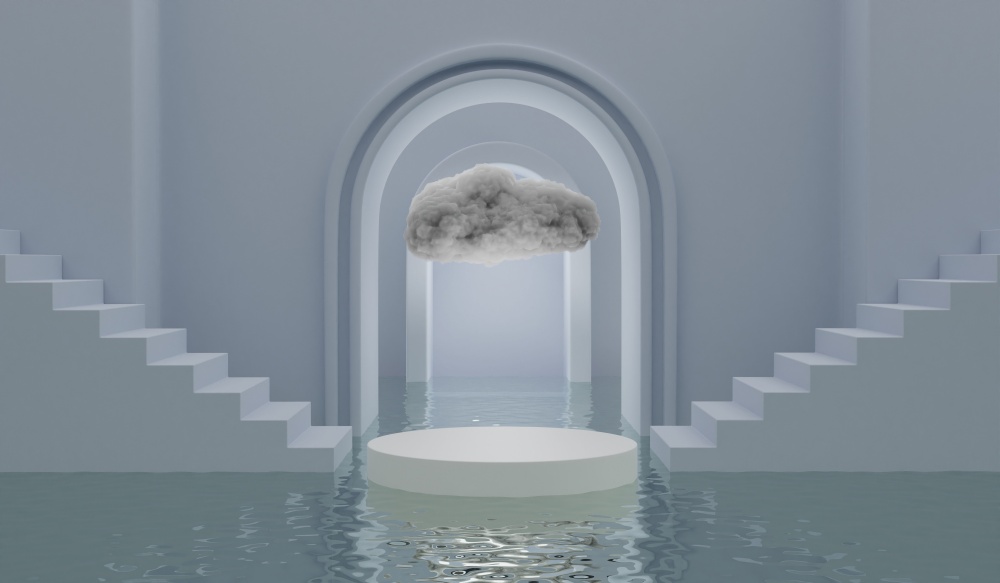 Abstract cylindrical product display podium with symmetry staircase and fluffy cotton candy cloud floating next door and water wave surface 3d render illustration