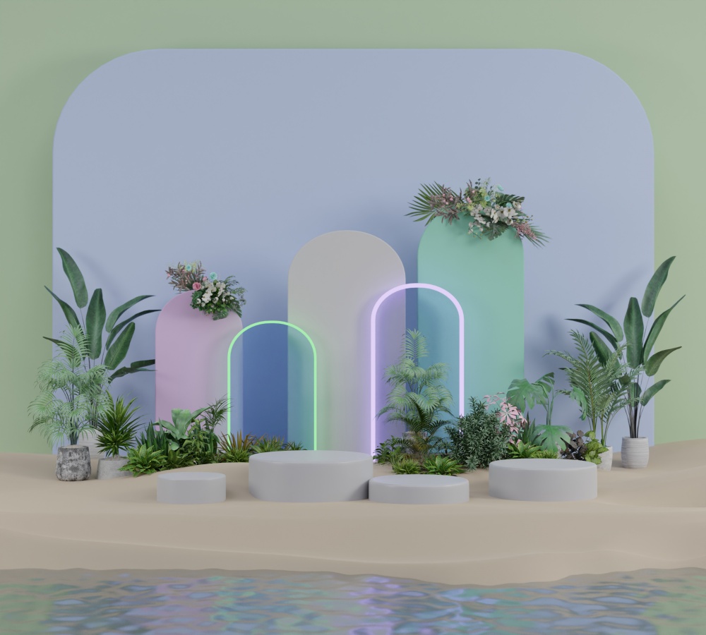 Abstract product display platform with green tree plants arch backdrop and flower bouquet on sand and sea water wave surface 3D rendering illustration