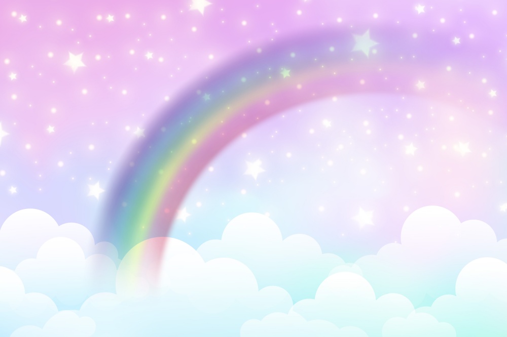 Fantasy unicorn background with clouds on rainbow sky. Magical landscape, abstract fabulous wallpaper with stars and sparkles. Arched realistic spectrum. Vector. Fantasy unicorn background with clouds on rainbow sky. Magical landscape, abstract fabulous wallpaper with stars and sparkles. Arched realistic spectrum. Vector.
