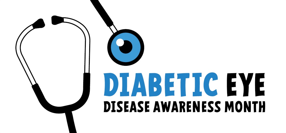 Diabetic eye, disease awareness month. Doctor stethoscope. World diabetes day. Human hands and lifted up index. Finger and drops of blood. November 14. Blue circle, ring ribbon. Cartoon hand, blood drop.