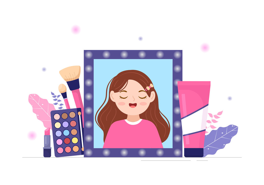 Beauty and Make up School with Cosmetic Products to Study and Beautiful Girls Applying Makeup in Flat Cartoon Hand Drawn Templates Illustration