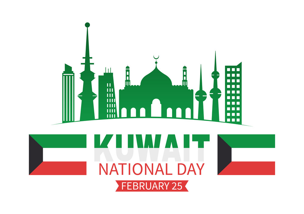 National Kuwait Day on February 25th with Waving Flag and Independence Celebration in Flat Cartoon Hand Drawn Templates Illustration