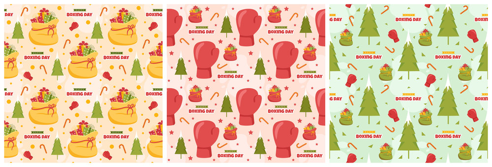 Set of Boxing Day Sale Seamless Pattern Design with Glove and Gift Box for Promotion or Shopping on Template Hand Drawn Cartoon Flat Illustration