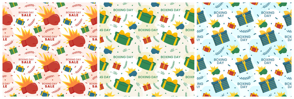Set of Boxing Day Sale Seamless Pattern Design with Glove and Gift Box for Promotion or Shopping on Template Hand Drawn Cartoon Flat Illustration