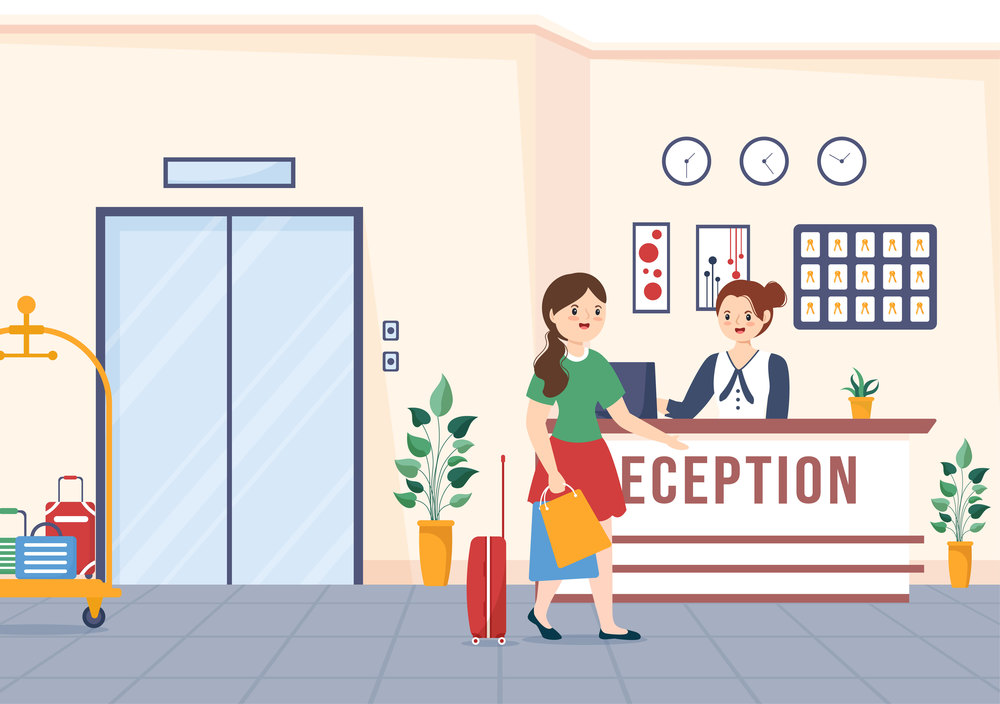 Hotel Reception Interior with Receptionist People and Travelers for Booking in Flat Cartoon Hand Drawn Template Illustration