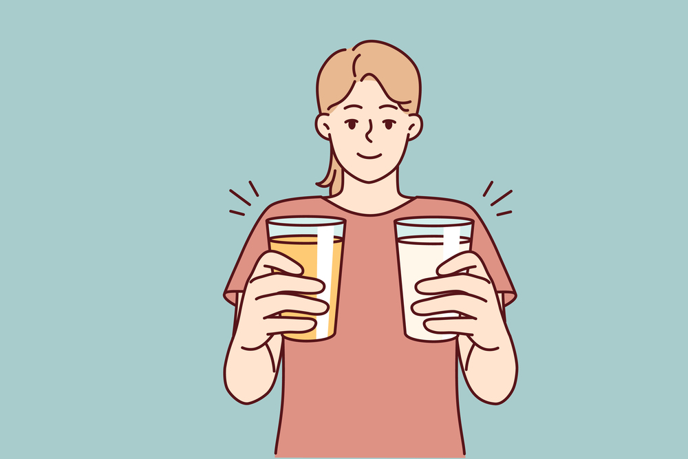 Woman with two glasses filled with cocktails wants to treat you and offers you drink. Girl stretches hands with mugs to screen, offering choice one of thirst-quenching lemonades. Flat vector design . Woman with two glasses filled with cocktails wants to treat you and offers you drink. Vector image