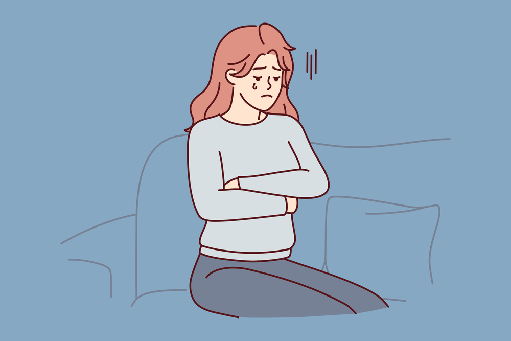 Upset woman crying sitting on couch because of breakup with boyfriend or death of loved one. Unhappy girl in casual clothes with arms crossed is going through after losing job. Flat vector image . Upset woman crying sitting on couch with arms crossed because breakup with boyfriend. Vector image