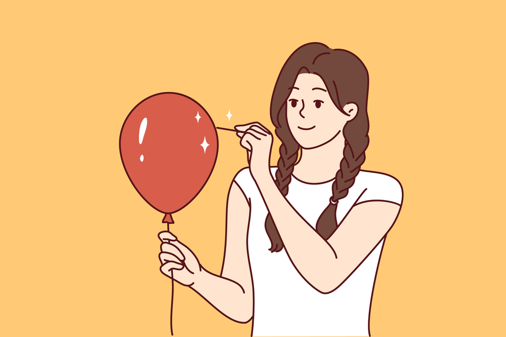 Young woman pierces balloon with needle and looks forward smiling. Teenager girl in casual clothes wanting to scare someone wants to burst red inflatable balloon. Flat vector illustration. Young woman in casual clothes pierces balloon with needle and looks forward smiling. Vector image