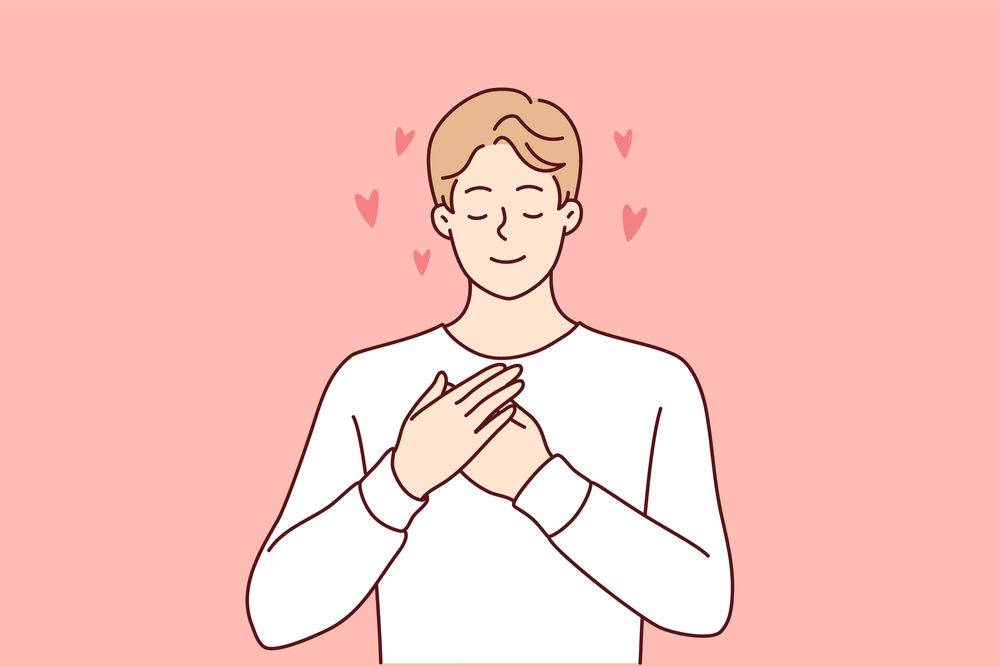 Enamored man puts hands on chest demonstrating romantic mood and closes eyes remembering girlfriend. Good-natured guy makes gesture of mercy calling to be volunteer. Flat vector illustration . Enamored man puts hands on chest and closes eyes remembering girlfriend. Vector image