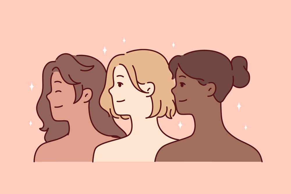 Diverse multiracial beautiful women with bare shoulders look one way and smile. Faces of multiethnic girls for concept of feminism or struggle for women freedom. Flat vector illustration. Diverse multiracial beautiful women with bare shoulders look one way and smile. Vector image