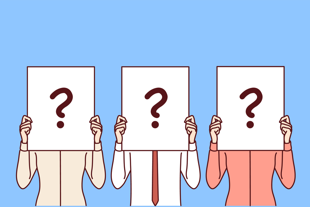 Several people stand side by side and cover faces with paper with question mark for recruitment business concept. Metaphor of searching for candidate for vacant position in company. Flat vector image. People cover faces with paper with question mark for recruitment business concept. Vector image