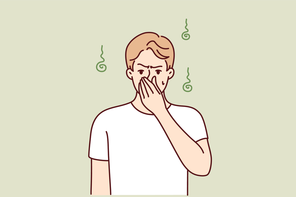 Dissatisfied man pinching nose with hand while suffering from unpleasant smell sweat. Guy is experiencing discomfort due to non-compliance with hygiene standards or health problems. Flat vector image. Dissatisfied man pinching nose with hand suffering from unpleasant smell of sweat. Vector image