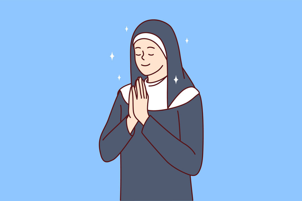 Positive woman in clothes of catholic nun closing eyes praying turning to God for help or advice. Praying girl with palms clasped in front of chest performs religious ritual. Flat vector illustration. Positive woman in clothes of catholic nun closing eyes praying turning to God. Vector image