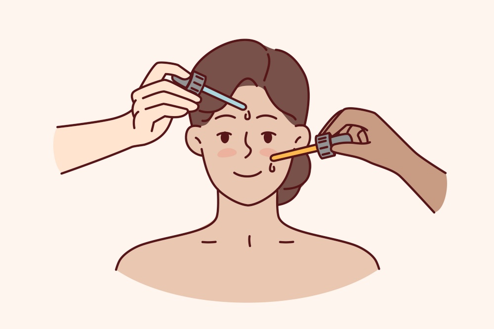 Hands with pipettes near face of woman during cosmetic procedures and lifting to get rid of wrinkles and acne. Process of applying cosmetic anti-aging collagen serum to girl face. Hands with pipettes near face of woman during cosmetic procedures and lifting to get rid of wrinkles