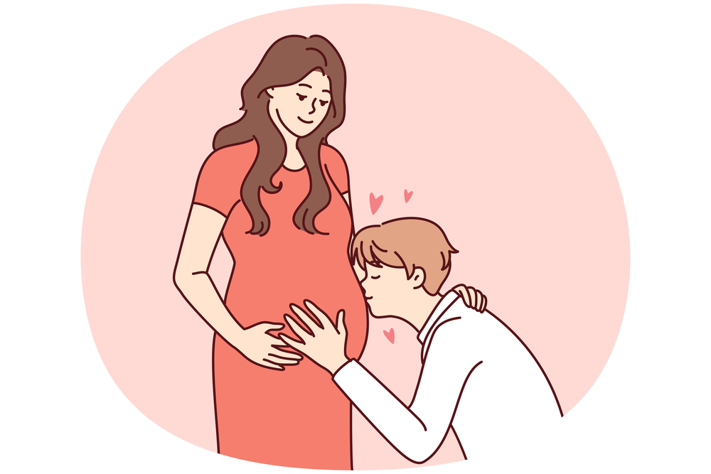 Happy young man kiss pregnant woman belly excited about parenthood. Smiling future father hug wife. Pregnancy and parenting. Vector illustration.. Happy man kiss pregnant woman belly